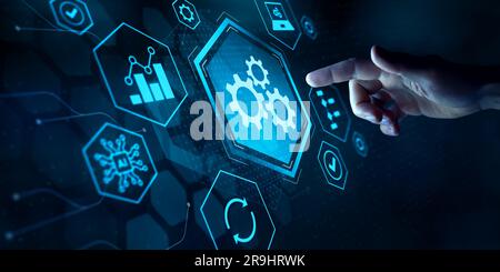 Automazione per l'ottimizzazione del flusso di lavoro dei processi aziendali e il miglioramento dell'efficienza della produzione. Automazione robotica dei processi e responsabili dei processi aziendali Foto Stock