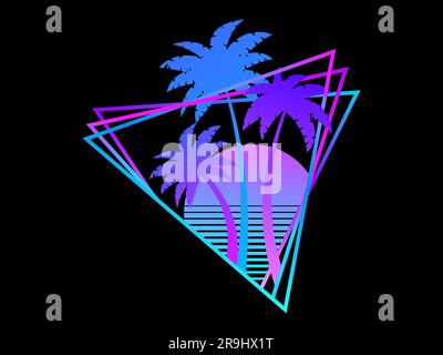 Le onde retrò si stagliano con sole e palme in una cornice triangolare. Futuristico tramonto retrò con palme in stile anni '80, colore sfumato. Stile Synthwave. Illustrazione Vettoriale