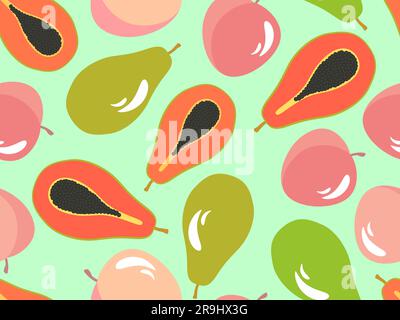 Motivo senza cuciture di pesche e papaya. Frutta esotica estiva e mix di bacche di papaya e pesche. Intera e metà papaya. Design per banner, poster e. Illustrazione Vettoriale