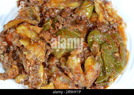 Moussaka, una ricetta a base di melanzane o di patate, peperoni e peperoni che spesso include carne macinata, molto comune nei Balcani e. Foto Stock