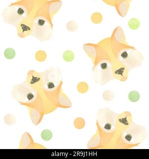 Modello senza cuciture con museruola rossa e cerchi colorati. Illustrazione acquerello evidenziata su sfondo bianco. UNA SERIE DI FACCE ANIMALI. Adatto Foto Stock