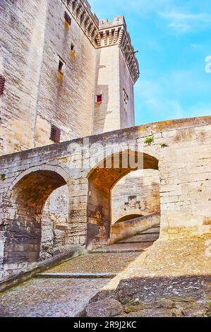 Il ponte ad arco in pietra sul sentiero per il Castello reale di Tarascon, Francia Foto Stock