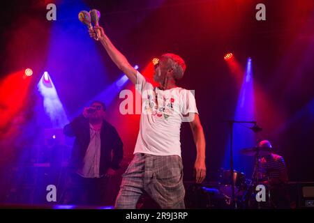 Bez degli Happy Mondays che suonano all'Hastings Pier Weekender Foto Stock