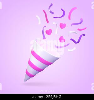 Party Poppers 3d con Flying Confetti, Serpentine e Hearts. Firecracker esplode con Ribbon per sorpresa, compleanno, anniversario. Vector rende Illustrazione Vettoriale