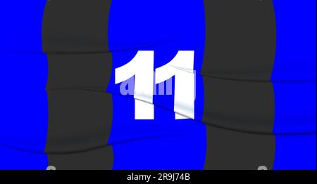 Il numero del calciatore blu su una maglia da calcio. 11 stampe numerate. Maglietta sportiva. Sport, olimpiadi, euro 2024, coppa d'oro, campionato del mondo. Illustrazione Vettoriale