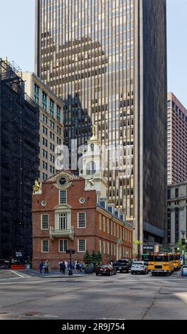 Old State House è l'ex sede del governo restaurata per la città di Boston, la contea di Suffolk e il Commonwealth del Massachusetts. Foto Stock