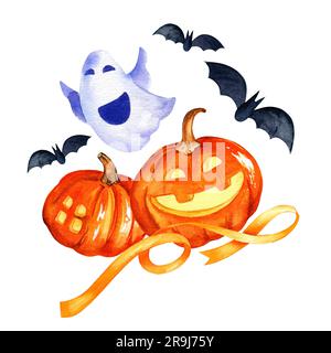 composizione acquerello del tema di halloween con zucche, fantasmi, pipistrelli e altri, illustrazione disegnata a mano dell'evento di ottobre isolato su sfondo bianco Foto Stock