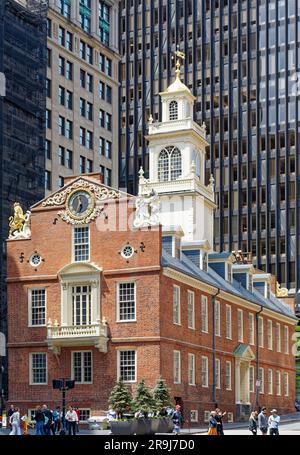 Old State House è l'ex sede del governo restaurata per la città di Boston, la contea di Suffolk e il Commonwealth del Massachusetts. Foto Stock