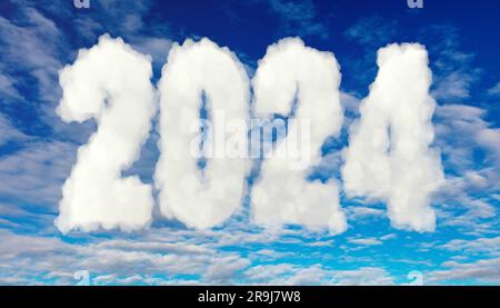 nuvola bianca soffice di forma a 2024 su sfondo cielo nuvoloso. Felice anno nuovo ricco di creatività. Modello biglietto d'auguri, fortuna, ricchezza, successo. rendering 3d. Foto Stock