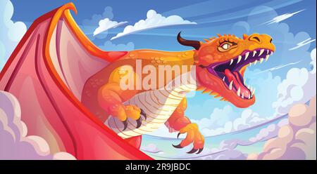 Drago magico fantasy che vola nel paesaggio dei giochi vettoriali dei cartoni animati. Bella e forte illustrazione dei personaggi della mitologia dei mostri delle fiabe. Mitica bestia arrabbiata che respira. Il potere dell'animale con le ali Illustrazione Vettoriale