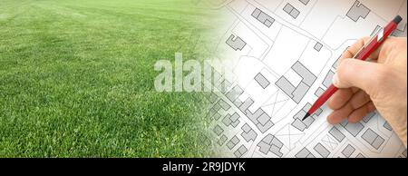 Dalla natura per una nuova città - Concetto di immagine con un verde prato che sfuma sulla mappa di una città immaginaria con edifici e strade - la natura diventa Foto Stock