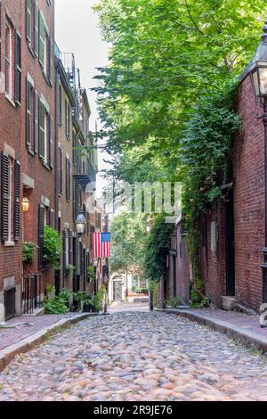 Boston, ma, USA-Agosto 2022; vista verticale lungo Acorn Street con ciottoli e vecchie case da cocchiere nel quartiere di Beacon Hill Foto Stock