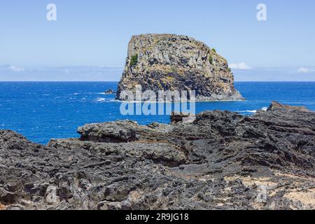 L'isola di Porto da Cruz, di fronte al villaggio sulla costa nord di Madeira Foto Stock