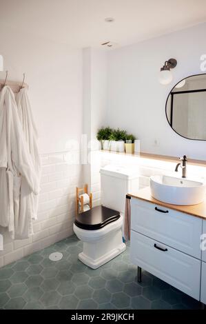 Interno minimale del bagno con accappatoi su piedistallo appeso e lavandini ad acqua su armadietto di legno con ripiani, specchio sopra e WC ad angolo Foto Stock