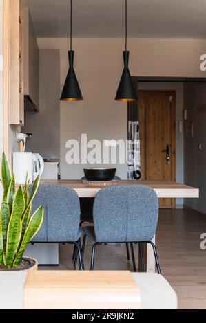 Design interno di una zona pranzo minimale con tavolo in legno sotto lampade a sospensione con sedie, mentre sistemato vicino al bancone della cucina e in vaso tropicale Foto Stock