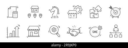 Set di icone per gli scarabocchi delle piccole e medie imprese. Icona di stile per schizzi disegnati a mano per aziende di piccole e medie dimensioni. Partenariato locale, strategia economica, concetto di franchising. Illustrazione vettoriale. Illustrazione Vettoriale