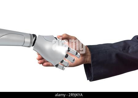 Robot handshake uomo d'affari su sfondo bianco. Intelligenza artificiale innovazione ai tecnologia moderna futuristica. Foto Stock