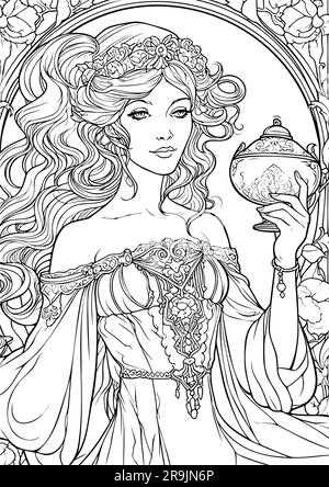 Enchanted Realm, Princess Coloring Book Pages Illustrazione Vettoriale