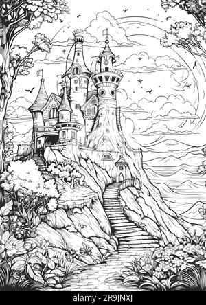 Enchanted Realm, Princess Coloring Book Pages Illustrazione Vettoriale