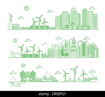 Il paesaggio urbano ecologico delinea il concetto panoramico. Infrastrutture future sostenibili, fonti di energia alternative e rinnovabili, generazione di energia elettrica e ambiente pulito, sfondo sottile Illustrazione Vettoriale