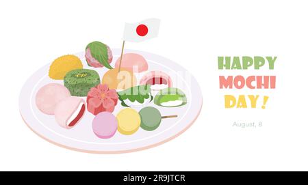 Mochi sul piatto. Banner, cartolina o poster per il giorno di Happy Mochi. Dolci di riso tradizionali giapponesi con pasta di fagioli rossi. Illustrazione vettoriale isolata su Illustrazione Vettoriale