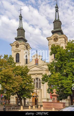 Sremski Karlovci, Serbia - 19 agosto 2022: Cattedrale di San Nicola e Fontana dei quattro Leoni in Piazza della Città di Sremski Karlovci. Foto Stock