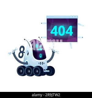 404 pagine con schermo cartoni animati e robot futuristico. Banner 404 costruzione errore rete, messaggio vettore di avviso problema di connessione Internet con carino droide o carattere robot sulle ruote, chiave di bloccaggio Illustrazione Vettoriale