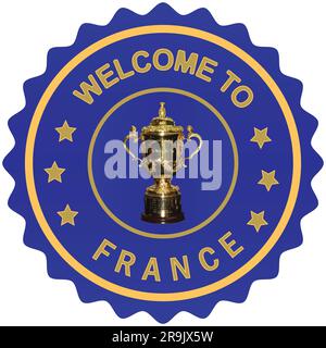 Benvenuto nel design francese illustrazione vettoriale e Trofeo della Coppa del mondo di rugby con colori a tema Coppa del mondo di rugby sfondo timbro di benvenuto sigillo oro Francia Illustrazione Vettoriale