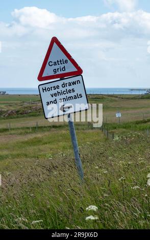 Segnaletica stradale per veicoli trainati da cavalli e animali nei pressi dell'insediamento di Vaul, Isola di Tiree. Foto Stock