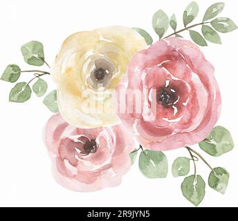 Acquerello rosa e giallo fiori e bouquet vegetale, disposizione peonia, delicata clipart floreale Foto Stock