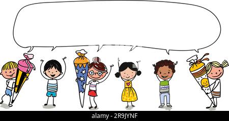 Modellini di Vector Cartoon disegnati a mano, ragazzi e ragazze a scuola, che parlano un messaggio in una grande bolla. Illustrazione colorata di note di schizzo vettoriali che mostra diverse opzioni Illustrazione Vettoriale