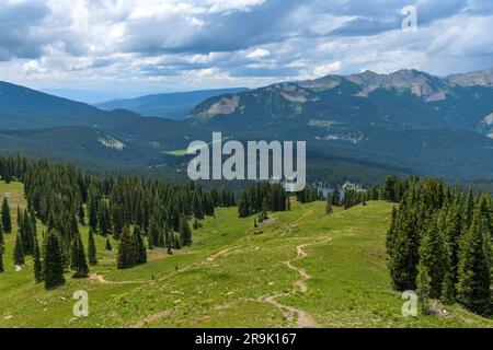 Summer Mountain Trail - Una tempesta vista di un giorno d'estate di un ripido sentiero di montagna che si snoda verso il lago Irwin alla base della catena dell'Antracite. Crested Butte, CO. Foto Stock