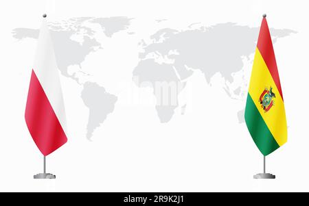 Polonia e Bolivia bandiere per un incontro ufficiale sullo sfondo della mappa mondiale. Illustrazione Vettoriale