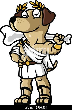 Cane carino in costumi antichi romani con corona di alloro e con in mano una mazza ossea Illustrazione Vettoriale