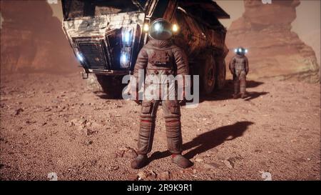 Marziano, astronauti sul pianeta marte. Trasporto Rover. rendering 3d. Foto Stock