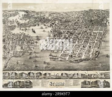 Vista dall'alto mappa panoramica della città di Saint John, New Brunswick, Canada CA. 1882. Gli inset mostrano edifici e siti di interesse. Foto Stock