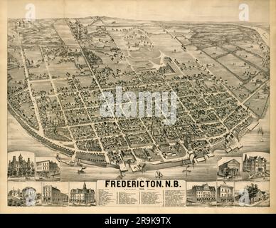 Vista panoramica panoramica della città di Fredericton, New Brunswick, Canada, CA. 1882. Gli inset mostrano edifici e siti di interesse. Foto Stock