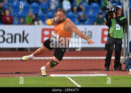 Ostrava, Repubblica Ceca. 27 giugno 2023. L'atleta Tomas Stanek della Repubblica Ceca gareggia in shot put durante il 63° Golden Spike Ostrava, evento annuale di atletica, parte del IAAF World Challenge Meetings, a Ostrava, Repubblica Ceca, il 27 giugno 2023. Crediti: Jaroslav Ozana/CTK Photo/Alamy Live News Foto Stock