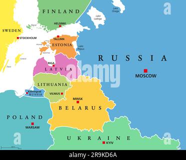 Stati baltici, paesi colorati, mappa politica. Dalla Finlandia all'Estonia, dalla Lettonia e dalla Lituania alla Polonia e dal Kaliningrad alla Bielorussia. Foto Stock