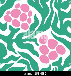 Motivo a bacca estetica Matisse senza cuciture. Curve di Doodle astratte foglie e bacche in stile Hippie 1970. Arte vettoriale floreale in verde e rosa per magliette, carta da parati, custodia per cellulare. Illustrazione Vettoriale