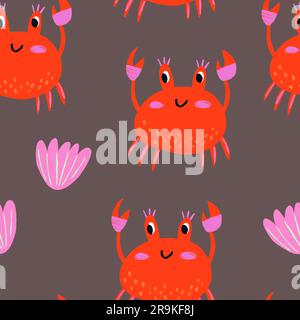 Modello vettoriale per bambini senza cuciture con granchi colorati, conchiglie e stelle marine su sfondo bianco. Adatto per stampe per bambini, decorazioni per vivai, carta da parati, carta da imballaggio, cancelleria, scrapbooking. Illustrazione vettoriale Illustrazione Vettoriale