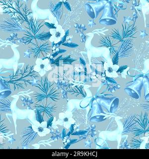 Motivo natalizio senza cuciture con cervi e fiori bianchi. Vettore. Illustrazione Vettoriale