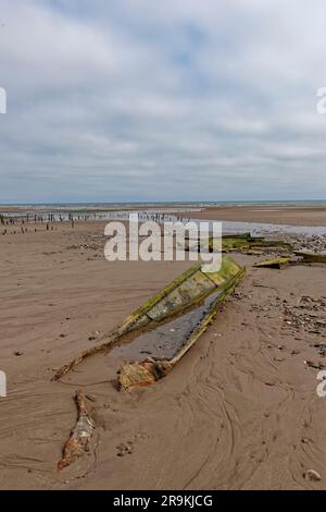 I resti di un relitto sulla spiaggia di Montrose con le sue placche di metallo esposte dalla bassa marea, il metallo è coperto da alghe verdi Foto Stock