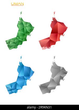 Set di mappe poligonali vettoriali dell'Oman. Mappa del paese con gradiente luminoso in basso stile polietilene. Illustrazione Vettoriale