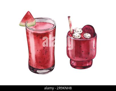 Frullato di frutta drago acquerello in bicchiere e cocomero da cocktail con frutta. Illustrazione disegnata a mano isolata su sfondo bianco. Perfetto per la ricetta Foto Stock