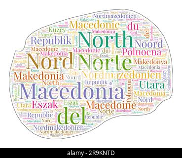 Forma della Macedonia riempita con il nome del paese in molte lingue. Mappa della Macedonia in stile nuvola di parole. Bella illustrazione vettoriale. Illustrazione Vettoriale