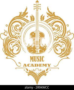 Immergiti nel mondo della musica con questo accattivante modello di logo per una Music Academy con chitarra. Illustrazione Vettoriale