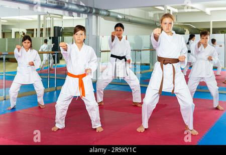 Bambini in uniforme karate che si esibiscono kata Foto Stock