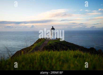 Vista panoramica dello storico faro bianco arroccato sulla scogliera di Capo Reinga, penisola di Aupouri, Northland, Isola del Nord, nuova Zelanda Foto Stock