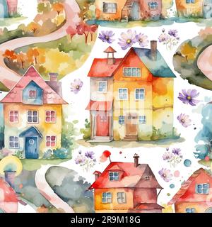 Case ad acquerello senza cuciture. Illustrazione vettoriale Illustrazione Vettoriale